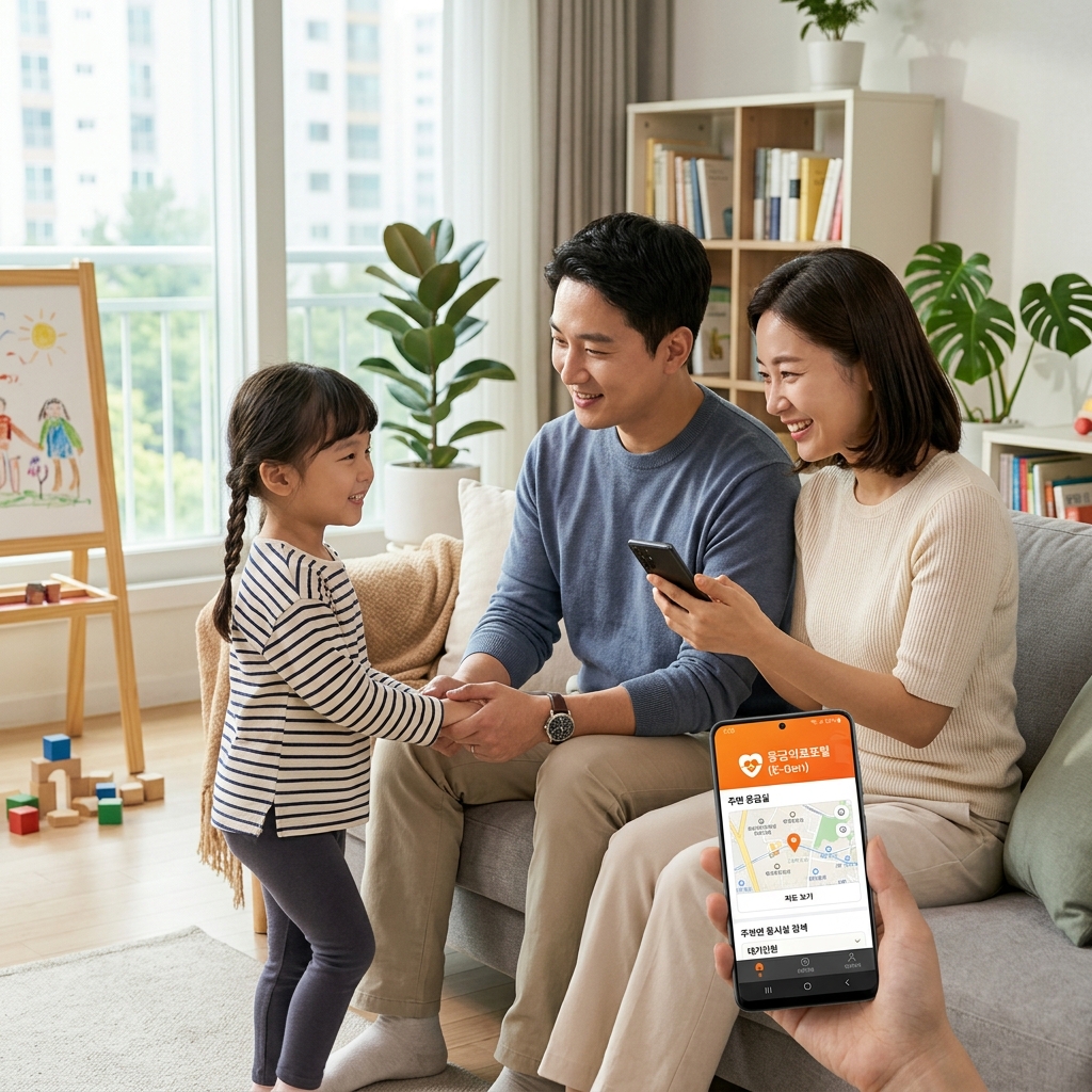 한국인 부모가 스마트폰으로 응급의료포털 앱을 확인하며 아이 손을 잡고 있는 거실 장면