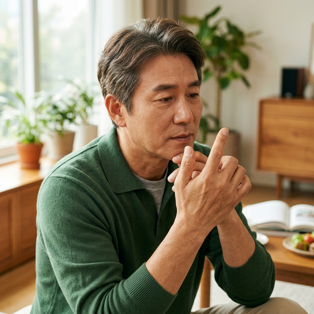 손가락 끝을 가까이서 관찰하며 손톱 각도를 확인하는 한국인 중년 남성, 자연광이 들어오는 실내 공간