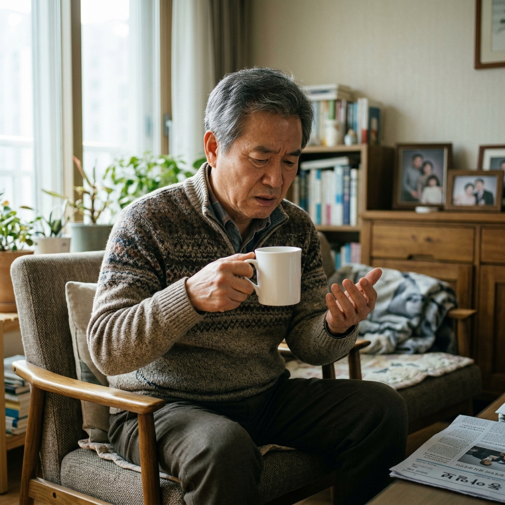 집 거실에서 한국인 중장년 남성이 커피잔을 들고 손떨림을 느끼는 일상적 장면, 자연광, 사실적 색감, 다큐멘터리 스타일