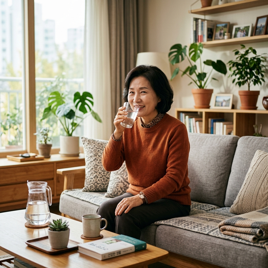 거실 소파에 앉아 물을 마시는 한국인 중장년 여성의 자연스러운 생활 장면