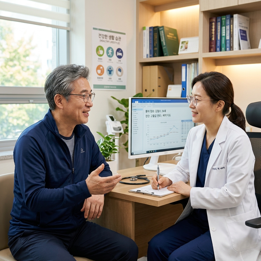 병원 진료실에서 한국인 중년 남성이 의사와 상담하는 현실적인 장면