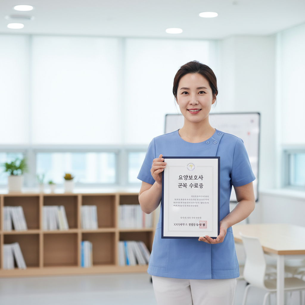 요양 보호사가 교육 수료증을 들고 있는 모습