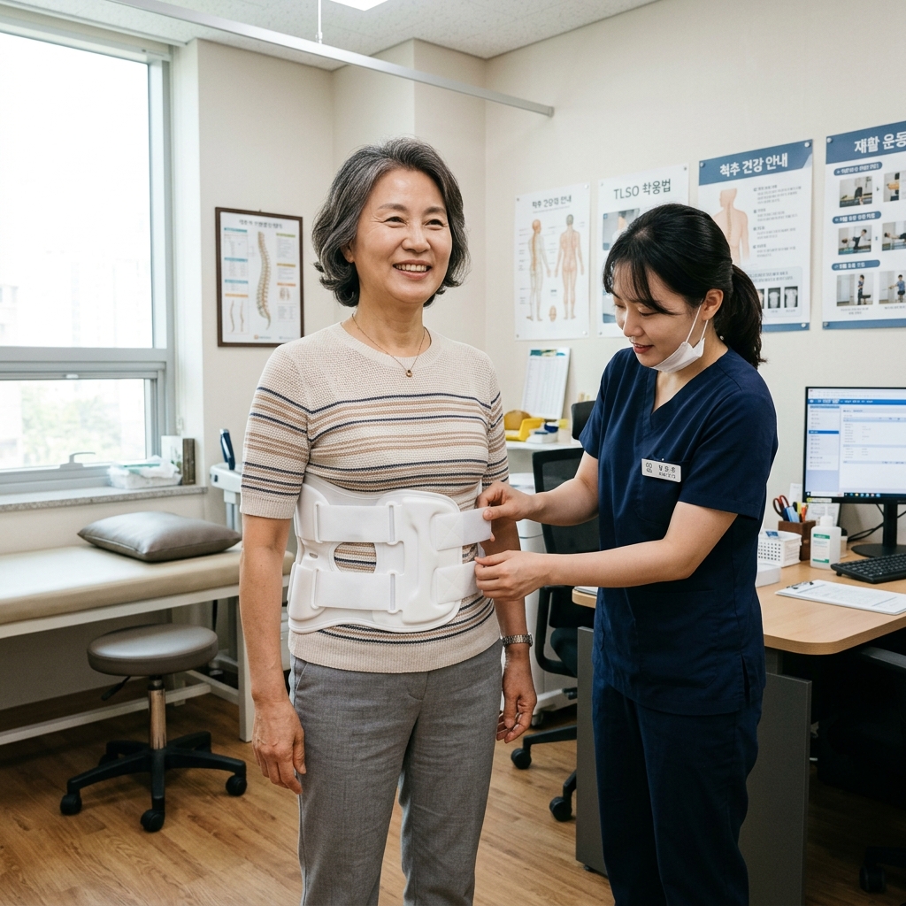 병원에서 한국인 60대 여성이 의료진의 도움을 받아 TLSO 척추 보조기를 착용하고 있는 장면, 자연광, 사실적인 진료실 배경