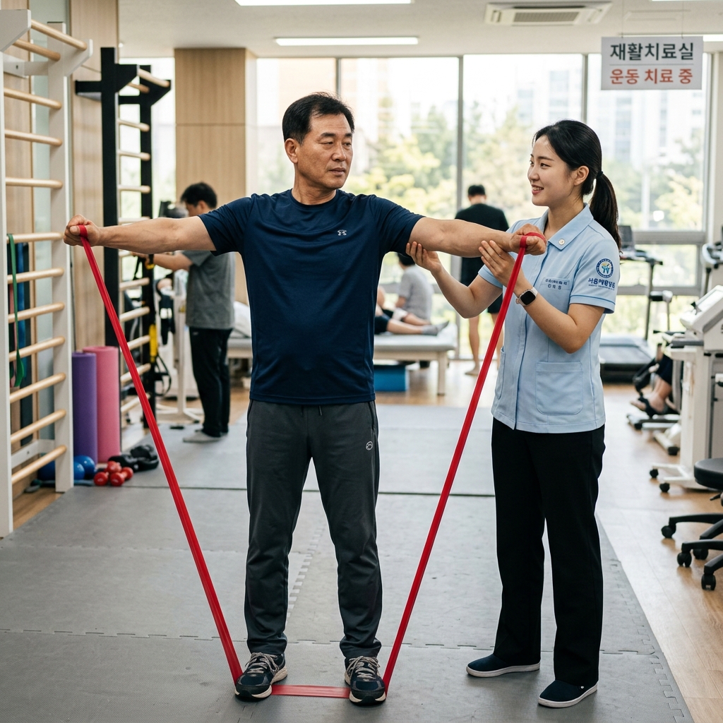 병원 재활실에서 한국인 중년 남성이 물리치료사의 도움을 받으며 고무밴드를 양손으로 잡고 천천히 팔을 벌리는 재활 스트레칭 장면