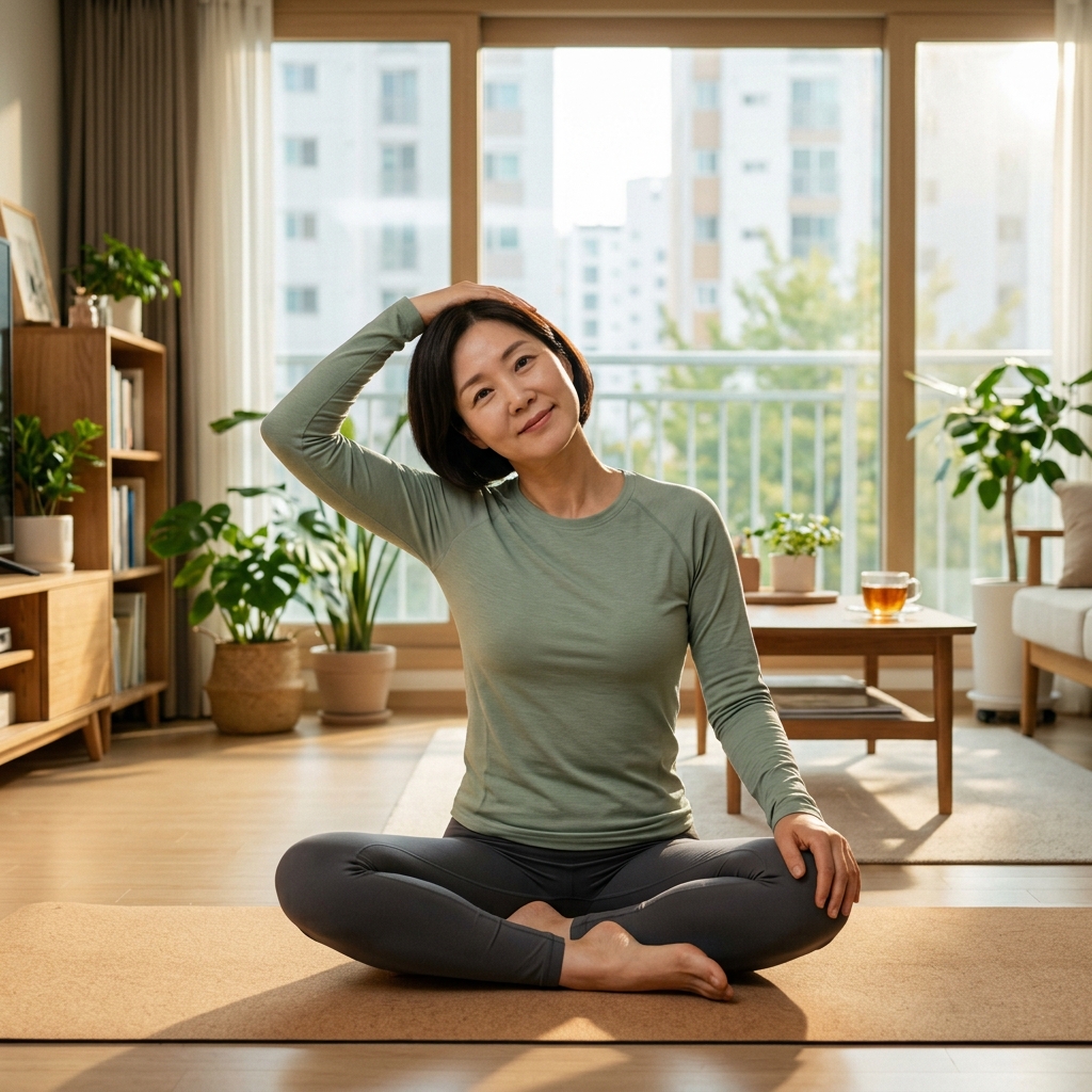 아침에 일어나 목을 가볍게 스트레칭하는 한국인 중년 여성