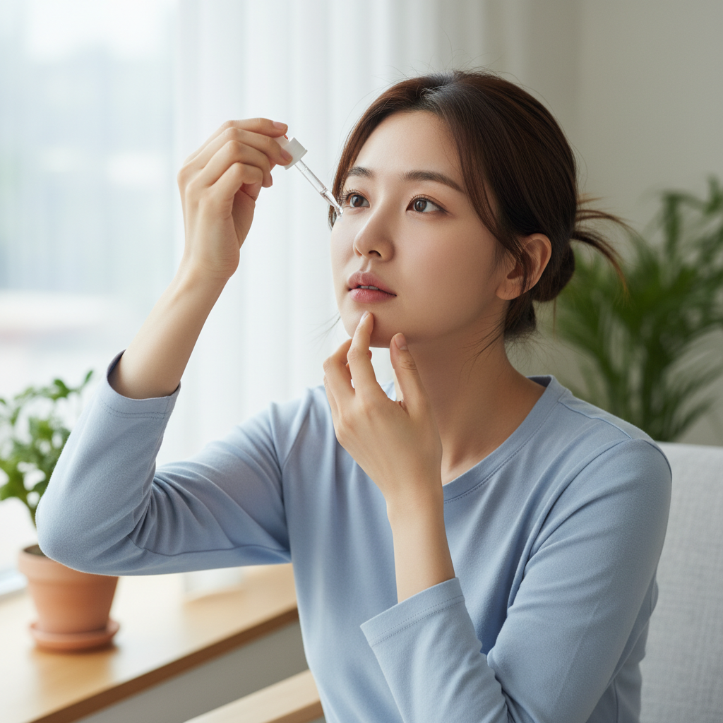 라식 수술 후 인공눈물을 넣고 있는 한국인의 모습