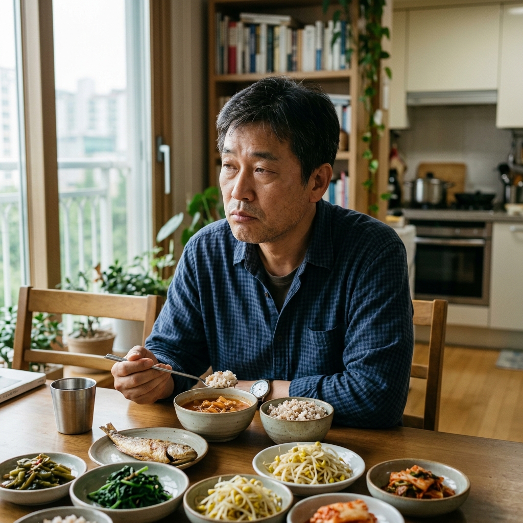 한국인 중장년 남성이 집 식탁에서 음식을 먹으며 표정이 심드렁한 자연스러운 생활 장면