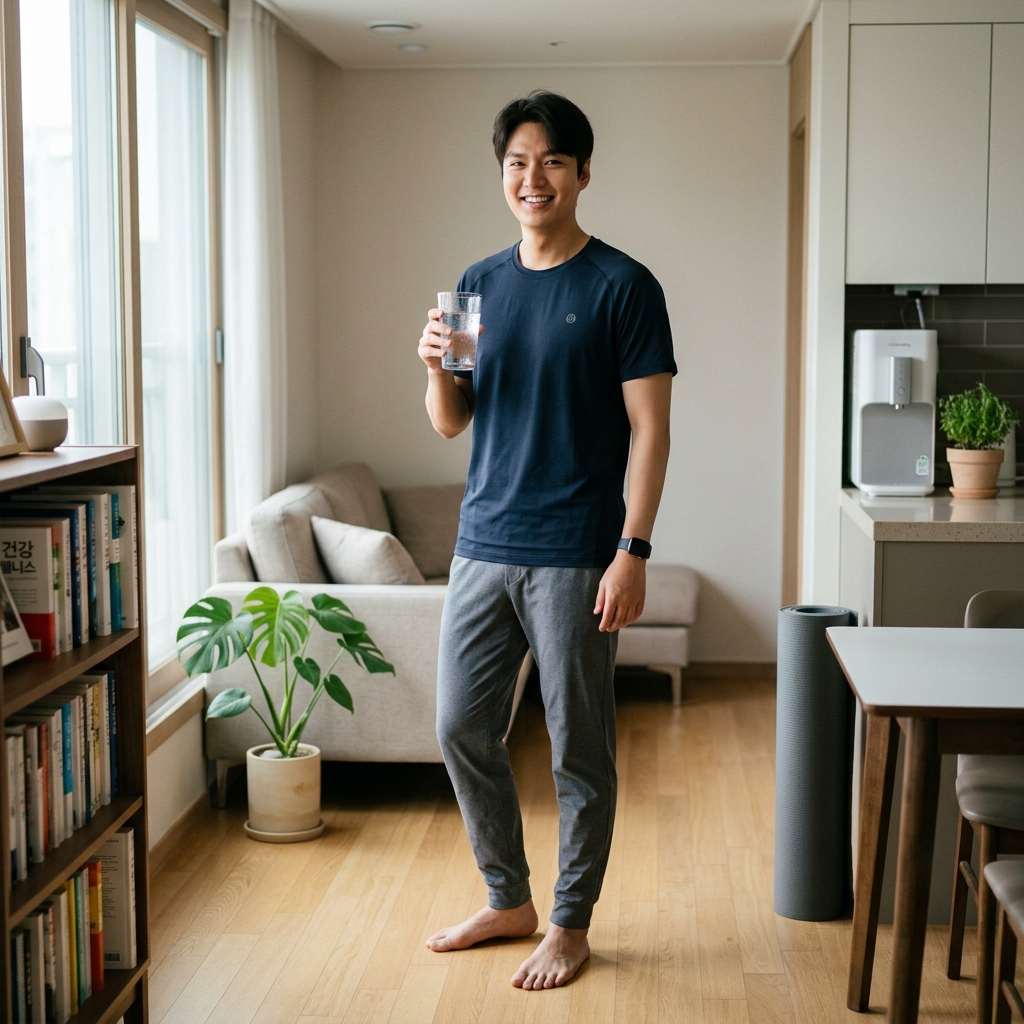 물 한 잔을 들고 있는 한국인 남성의 일상적인 실내 장면