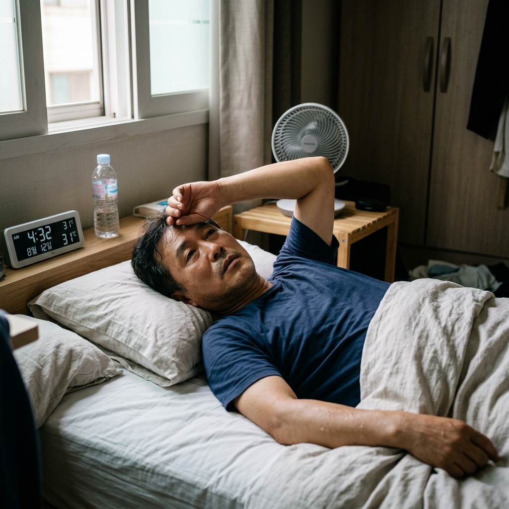 침대에서 더위로 잠 못 이루는 한국인 중장년 남성의 현실적인 모습, 자연광, 다큐멘터리 스타일