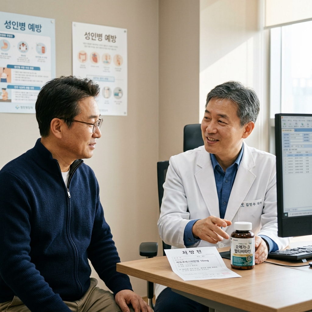 한국인 중년 남성이 병원 진료실에서 의사와 상담하며 약 처방전과 건강기능식품 제품을 함께 놓고 설명을 듣는 현실적인 장면