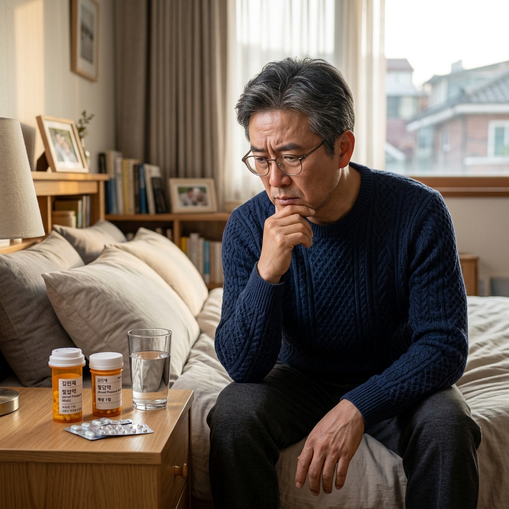 침대 옆 탁자에 놓인 약병과 물컵을 바라보는 한국인 중년 남성의 걱정스러운 표정