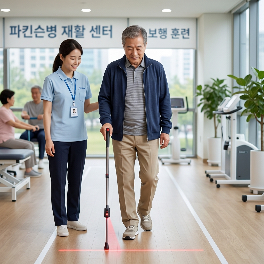 파킨슨병 환자가 레이저 지팡이로 보행 훈련하는 장면