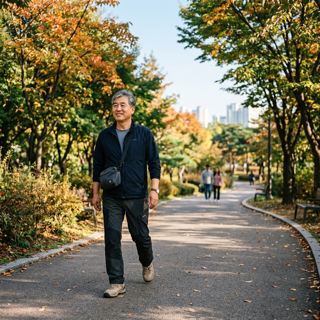 한국인 중장년 남성이 공원 산책로를 천천히 걷는 자연스러운 일상 장면