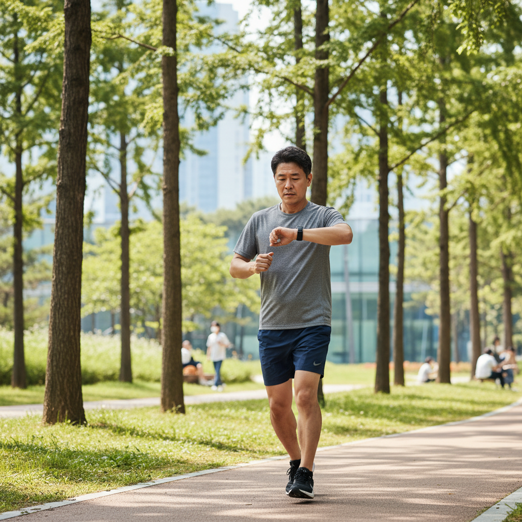 공원에서 한국인 중년 남성이 손목의 스마트워치를 확인하며 러닝하는 자연스러운 장면