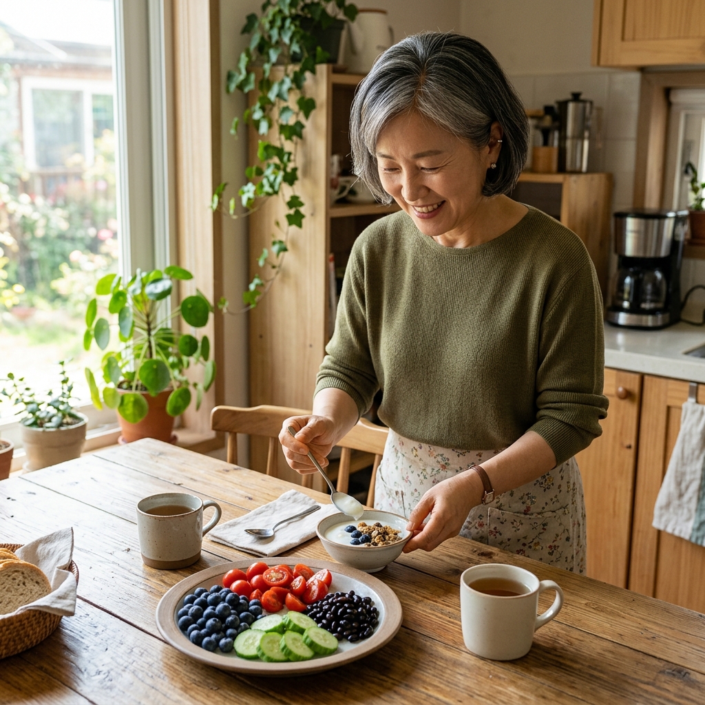 식탁 위에 블루베리, 방울토마토, 오이, 검은콩이 담긴 접시가 놓여 있고, 한국인 중장년 여성이 간단한 아침 식사를 준비하는 현실적인 생활 장면