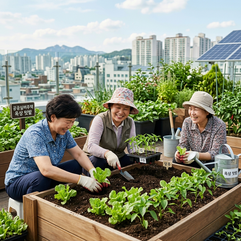 공공실버주택 옥상 텃밭에서 상추와 고추 모종을 심고 있는 한국인 중장년 여성들의 자연스러운 활동 장면