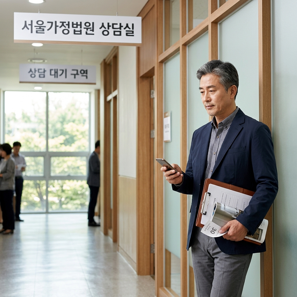 서울 가정법원 상담실 앞에서 한국인 중년 남성이 서류를 들고 상담 순서를 기다리는 현실적인 장면