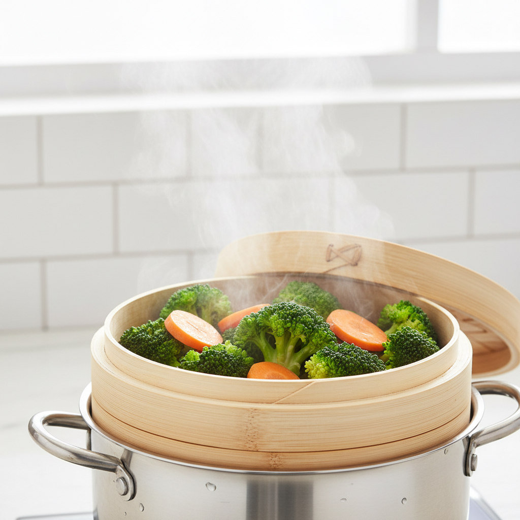 찜기에 브로콜리와 당근이 익고 있는 장면
