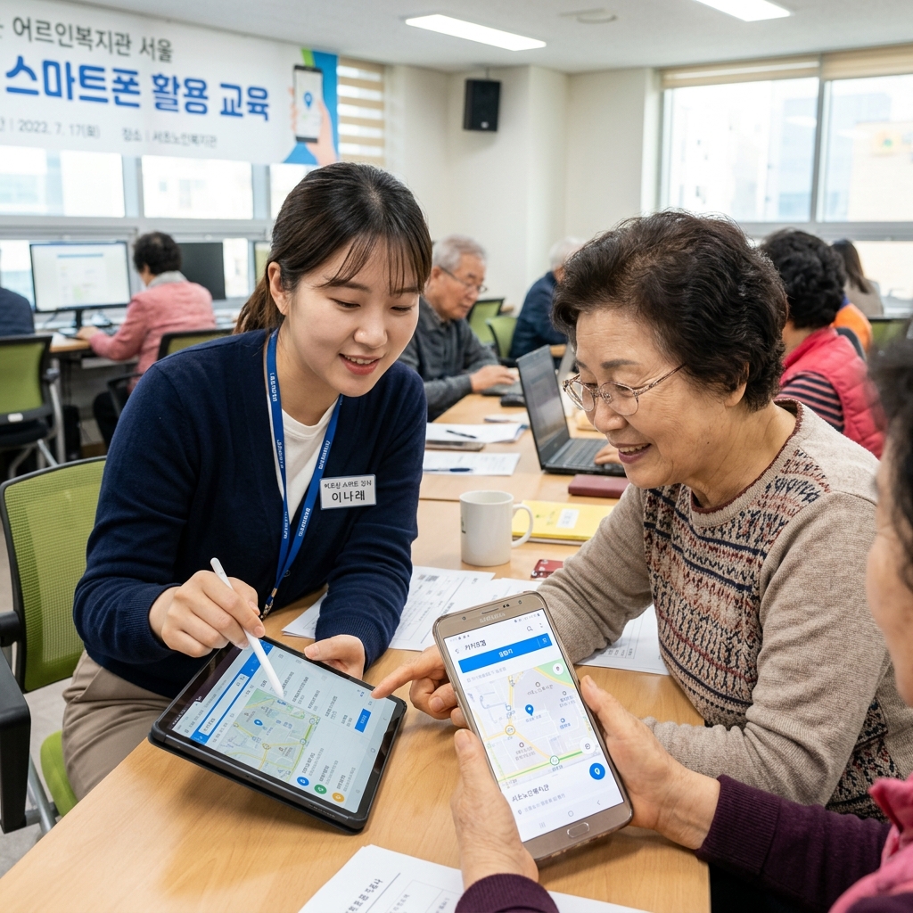 노인종합복지관에서 강사가 60대 어르신에게 스마트폰 화면을 보여주며 일대일로 카카오맵 사용법을 설명하는 장면