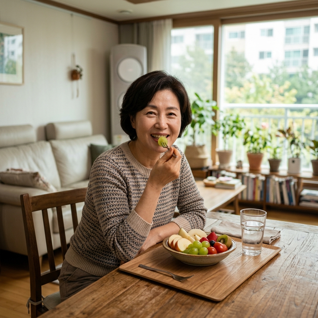 한국인 중장년 여성이 거실에서 물 한 잔과 함께 건강한 과일을 먹는 일상적인 실내 장면