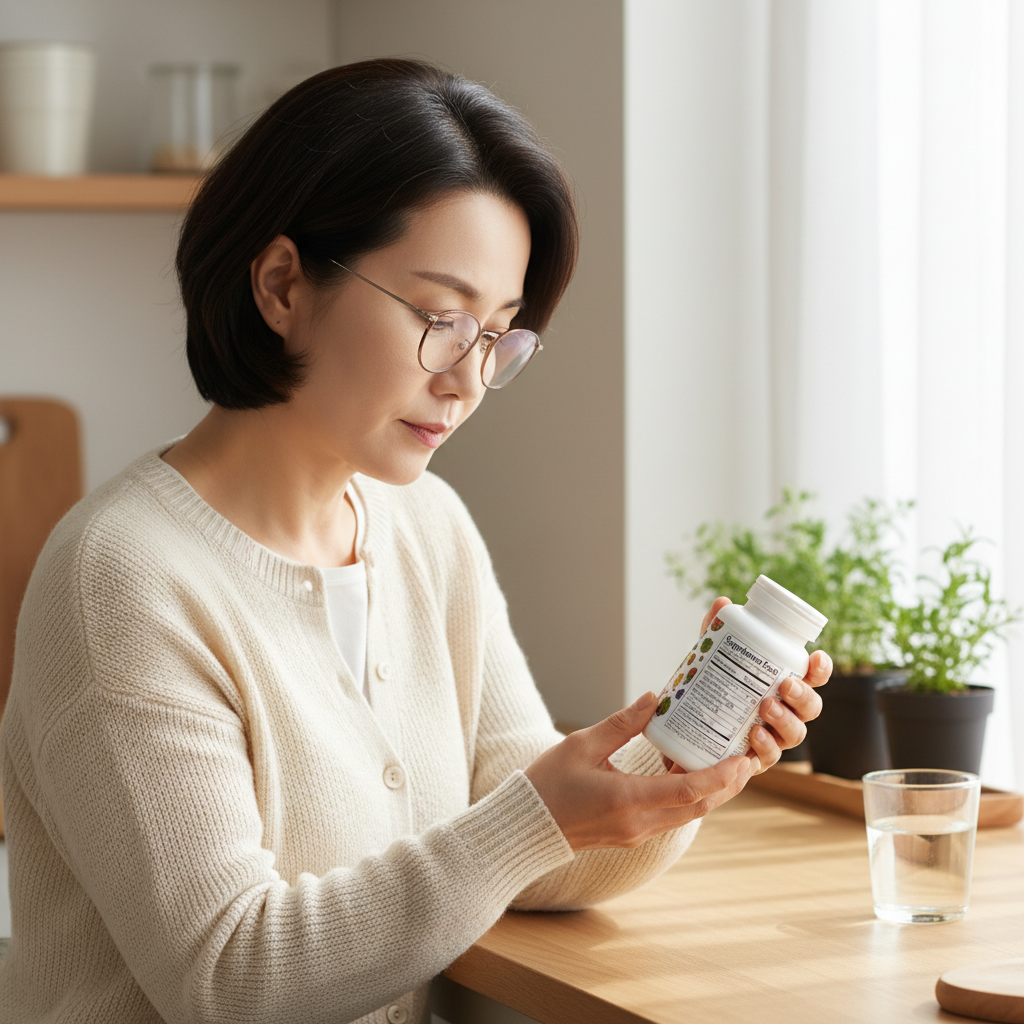 갱년기 영양제 성분표를 확인하는 중년 여성