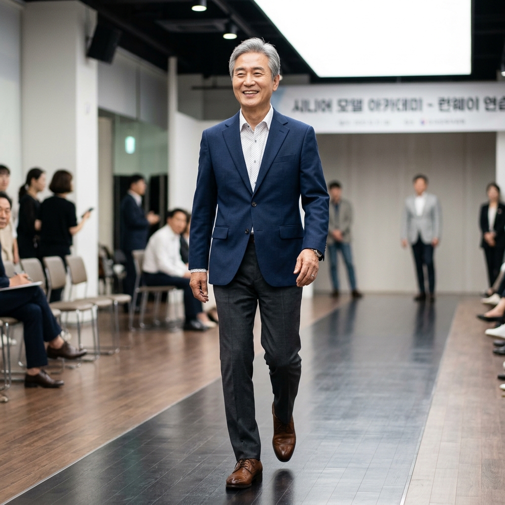 60대 한국인 남성이 런웨이를 걷는 연습을 하며 자신감 있는 표정을 짓는 장면