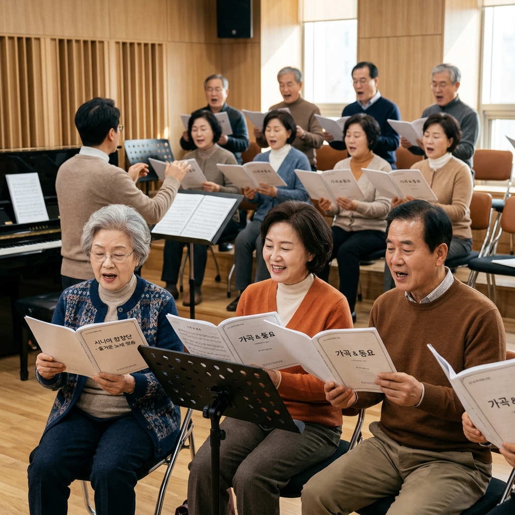 악보를 보며 함께 연습하는 시니어 합창단 모습
