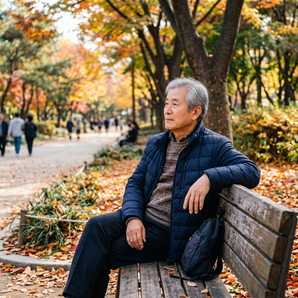 공원 벤치에서 눈을 뜨고 주변을 바라보는 노년 남성