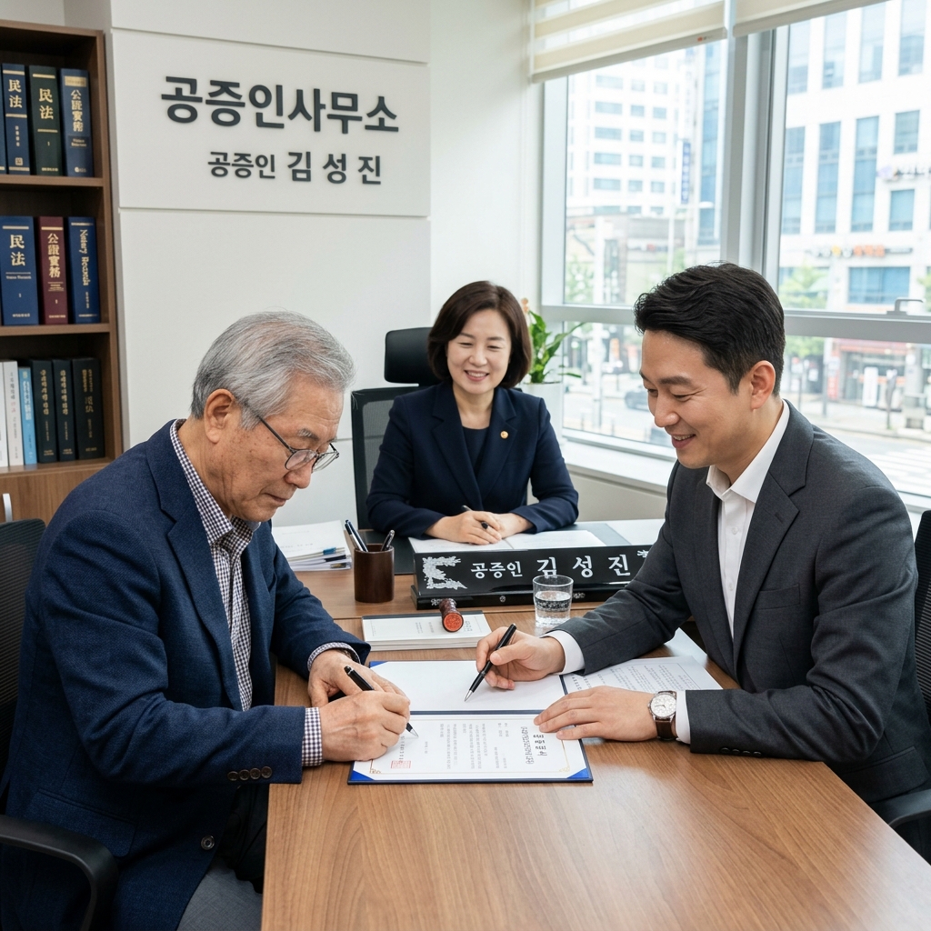 공증 사무실에서 문서에 서명하는 노인과 성인 자녀