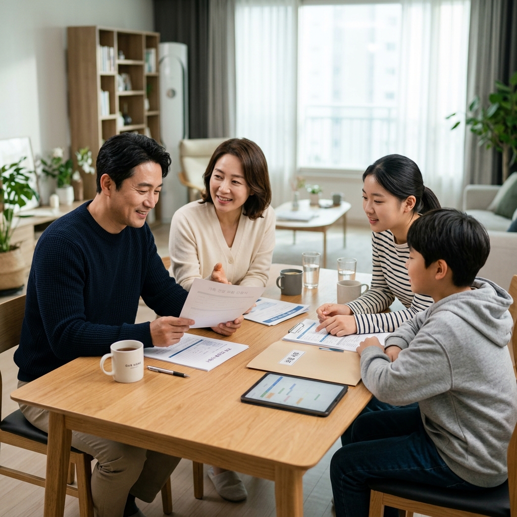 가족이 함께 앉아 서류를 보며 대화하는 장면
