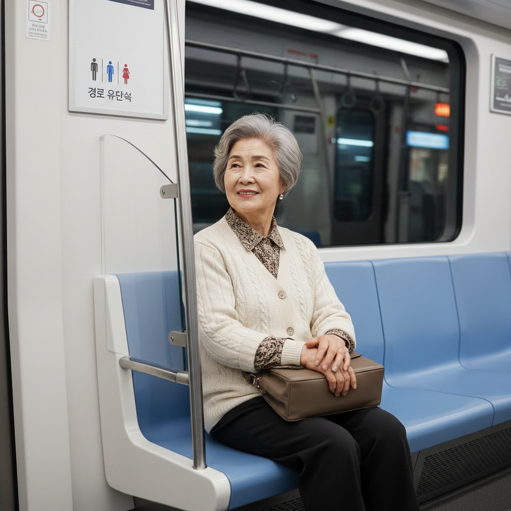 지하철역 경로 우대석에 앉아 있는 어르신의 모습