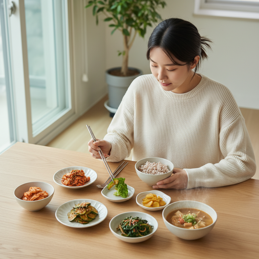 한국인이 채소 반찬을 먼저 먹는 식사 장면