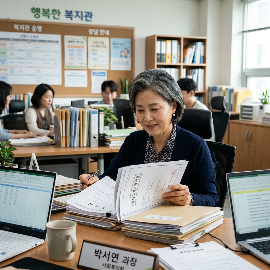 책상 앞에서 서류를 확인하는 중장년 여성의 모습, 복지관 사무실 배경