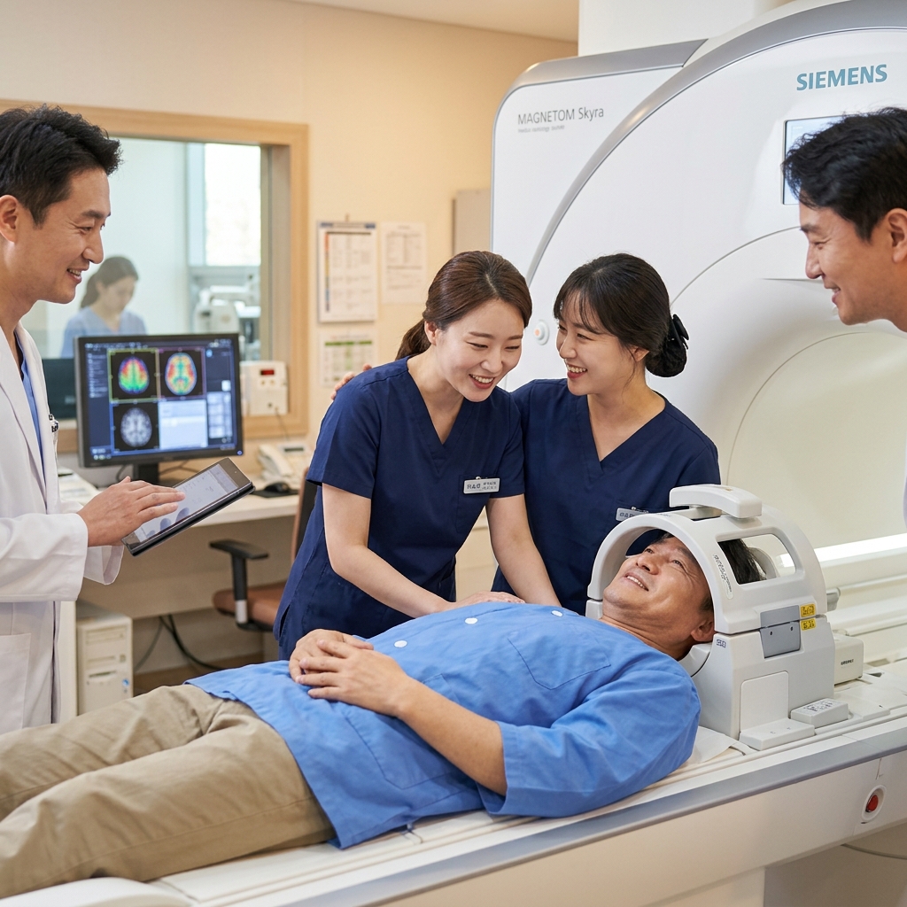 뇌 MRI 검사를 받고 있는 중장년 환자와 의료진