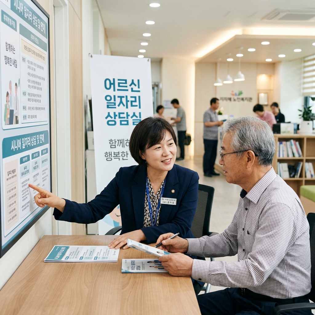 지자체 노인복지관에서 시니어 일자리 상담을 받는 중장년층의 모습