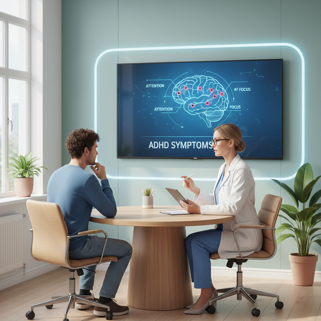 병원 상담실에서 성인이 의료진과 ADHD 증상에 대해 대화하는 장면