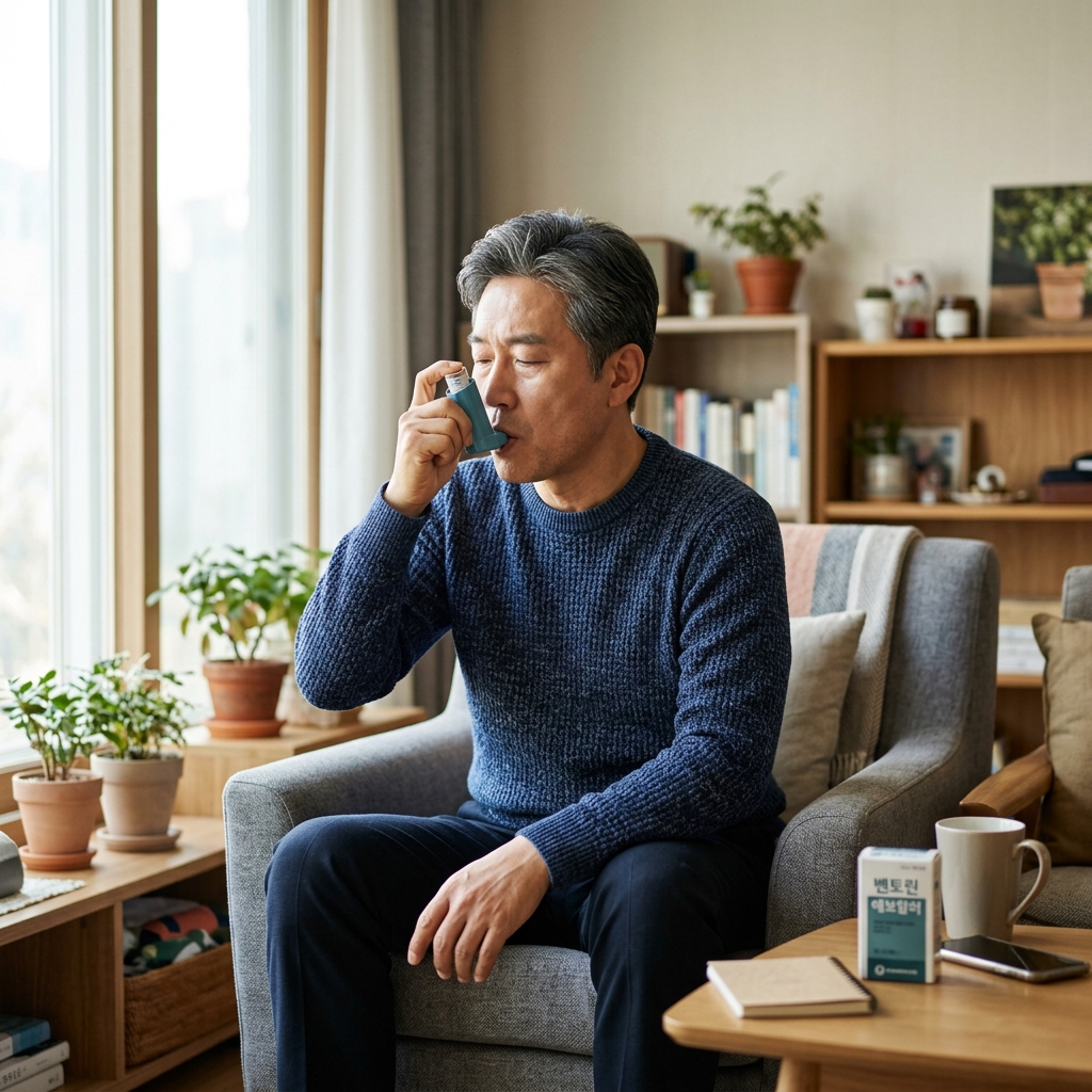50대 중년 남성이 집 거실에서 흡입기를 입에 대고 천천히 숨을 들이마시는 장면, 자연광, 현실적인 한국인 외형, 진지한 표정