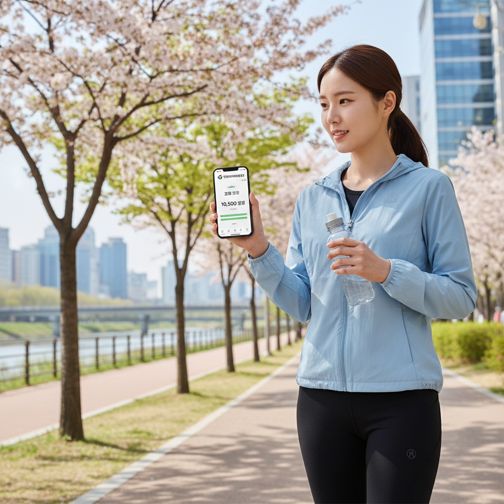 건강보험공단 앱 화면을 확인하며 걷기 기록을 체크하는 한국인 여성의 일상 장면