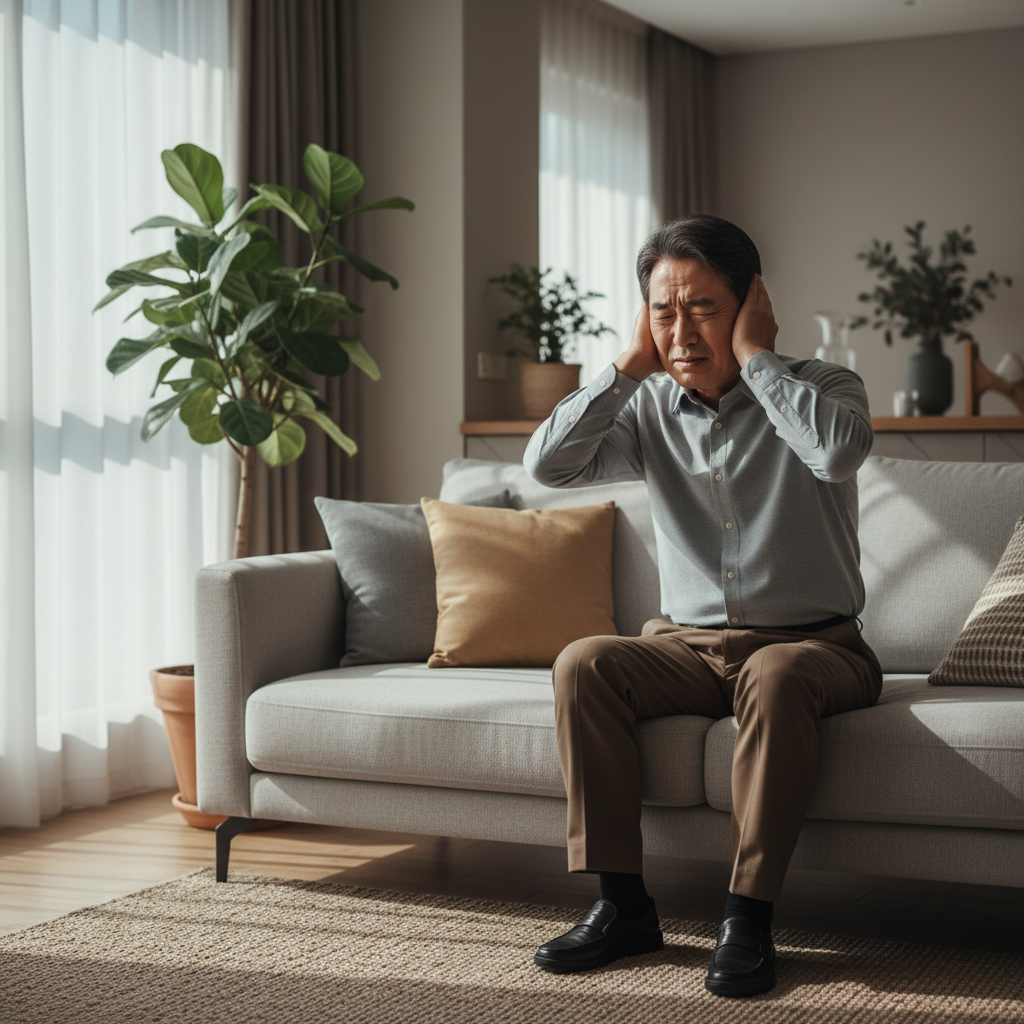 60대 후반 한국인 남성이 귀를 감싸 쥐고 불편한 표情으로 거실 소파에 앉아 있는 모습, 자연광, 다큐멘터리 스타일