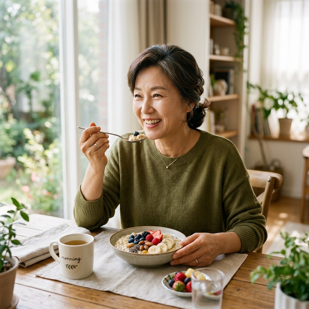 아침 식탁에서 오트밀 한 그릇을 먹고 있는 한국인 중년 여성의 자연스러운 모습