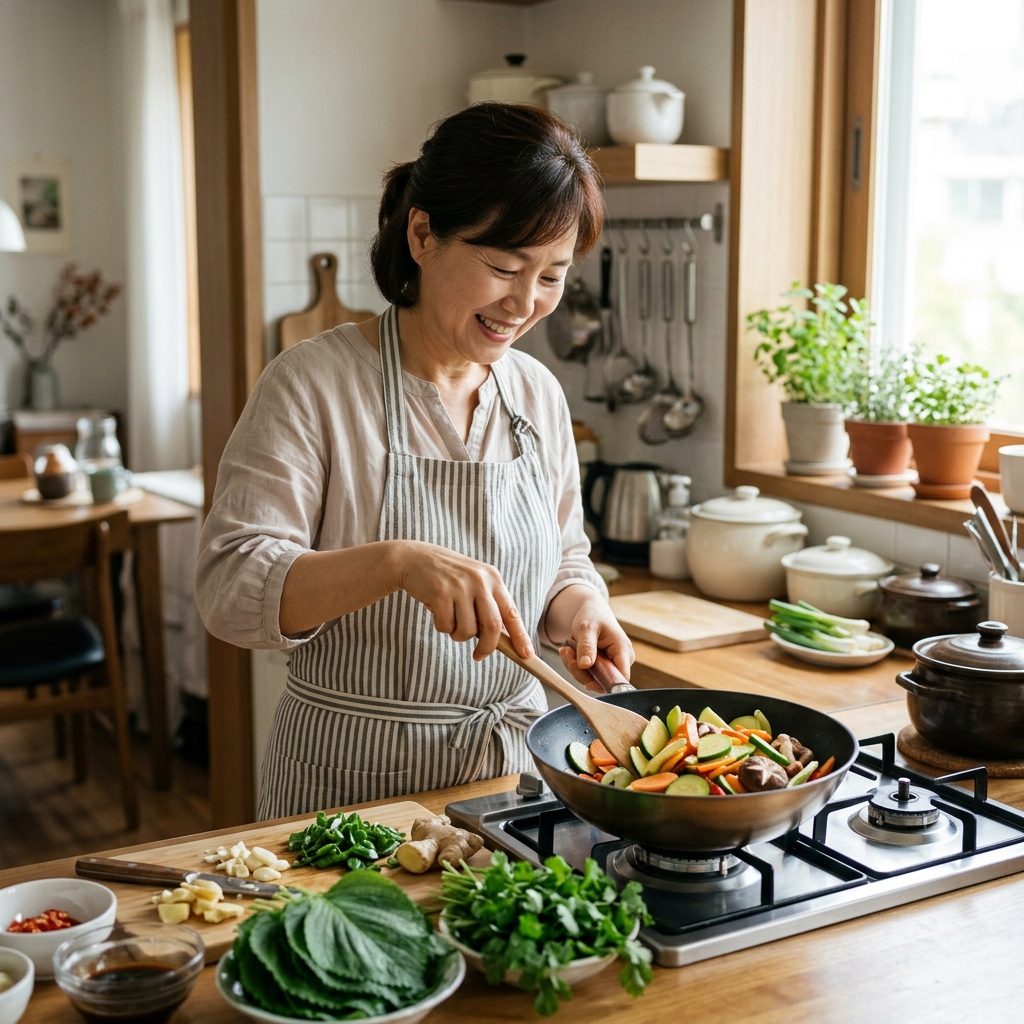 50대 한국인 여성이 주방에서 신선한 채소와 허브로 음식을 조리하는 자연스러운 모습