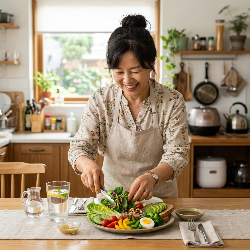 식탁에서 물 한 잔과 채소 중심 아침 식사를 준비하는 한국인 중년 여성