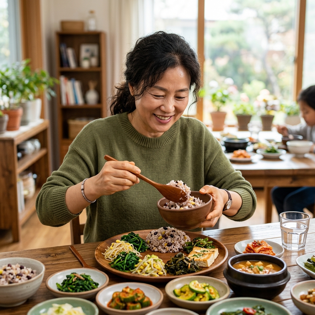 한국인 중장년이 식탁에서 잡곡밥과 채소 반찬을 담고 있는 장면