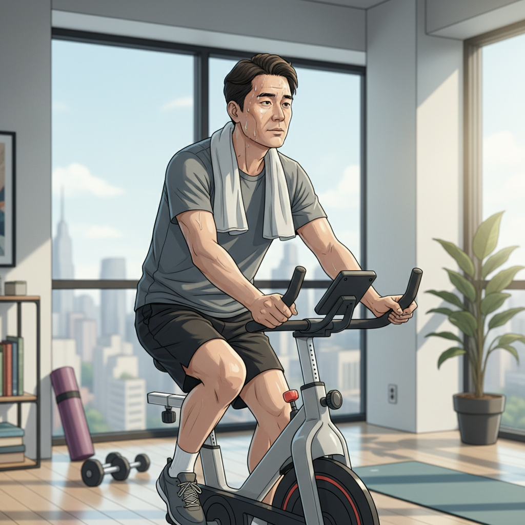 실내에서 가벼운 유산소 운동을 하며 땀을 흘리는 한국인 중년 남성의 자연스러운 모습