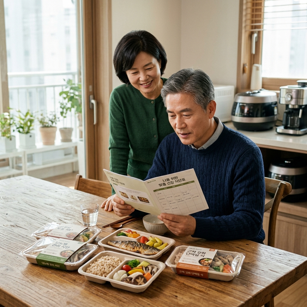 질환별 맞춤 식단이 담긴 메디푸드 제품들이 테이블 위에 놓인 모습, 한국인 중장년층이 식단표를 확인하는 장면