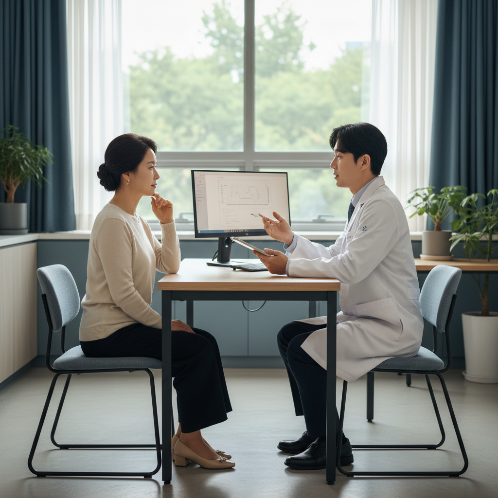 병원 진료실에서 의사와 상담 중인 한국인 중년 여성의 측면 모습