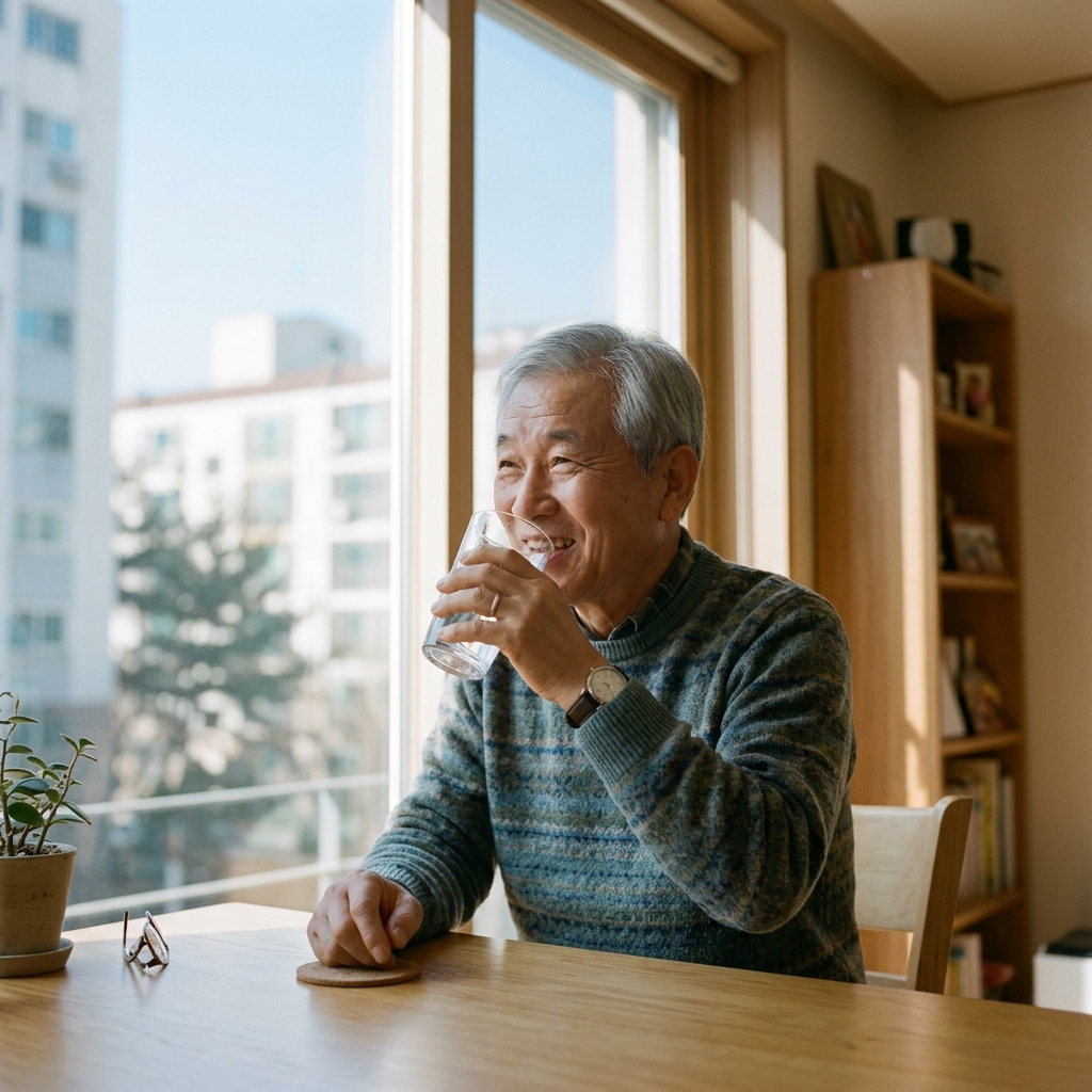 창가에서 물을 마시는 한국인 노인의 모습, 밝은 실내, 자연광