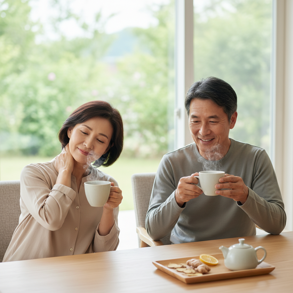 중장년층이 따뜻한 차를 마시며 목 불편감을 완화하는 장면