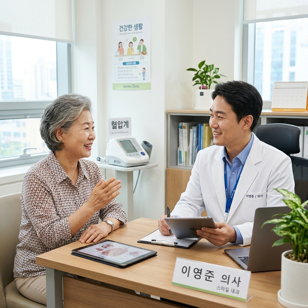 병원 진료실에서 의료진과 상담 중인 환자의 모습
