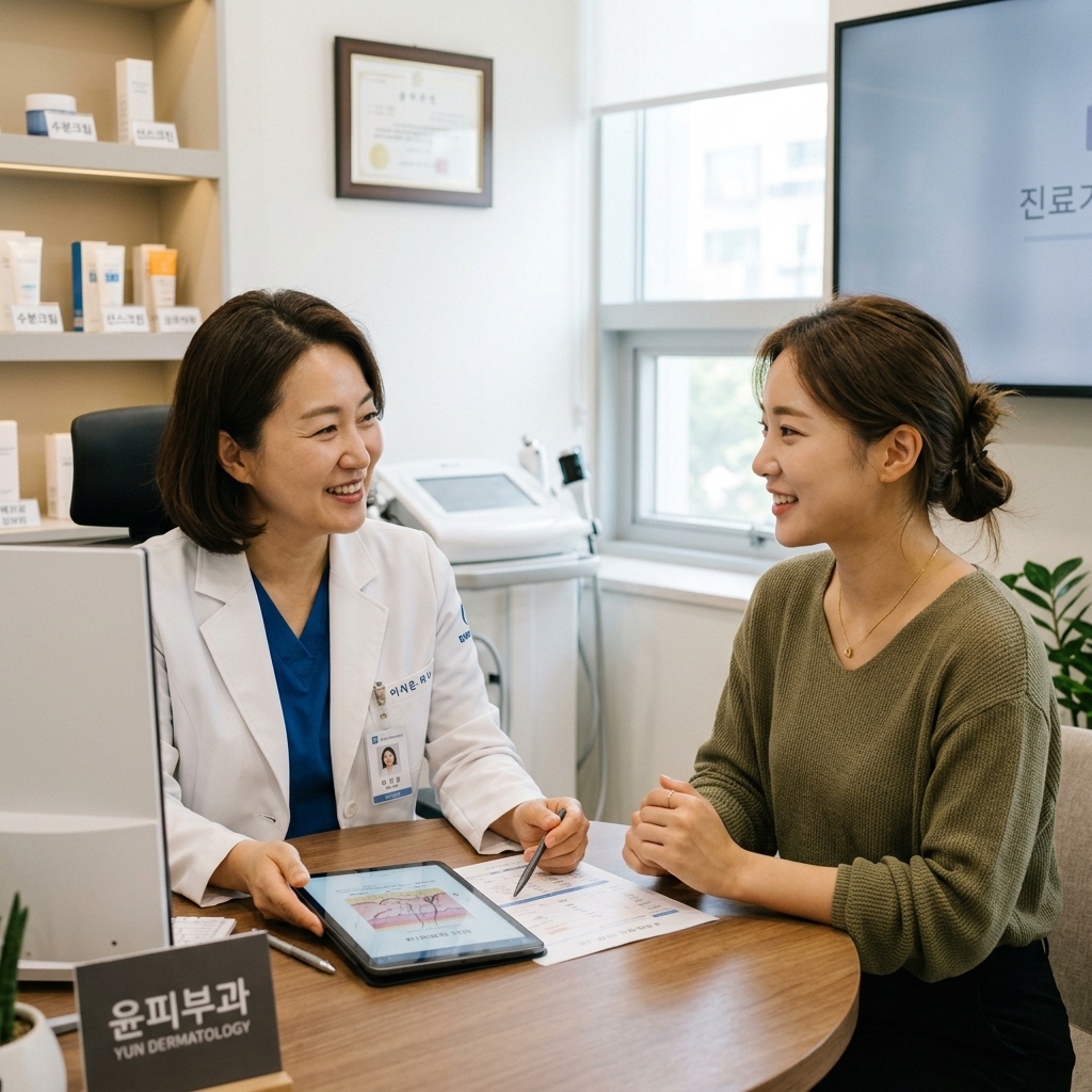 피부과 진료실에서 의사와 상담하는 한국인 환자의 모습